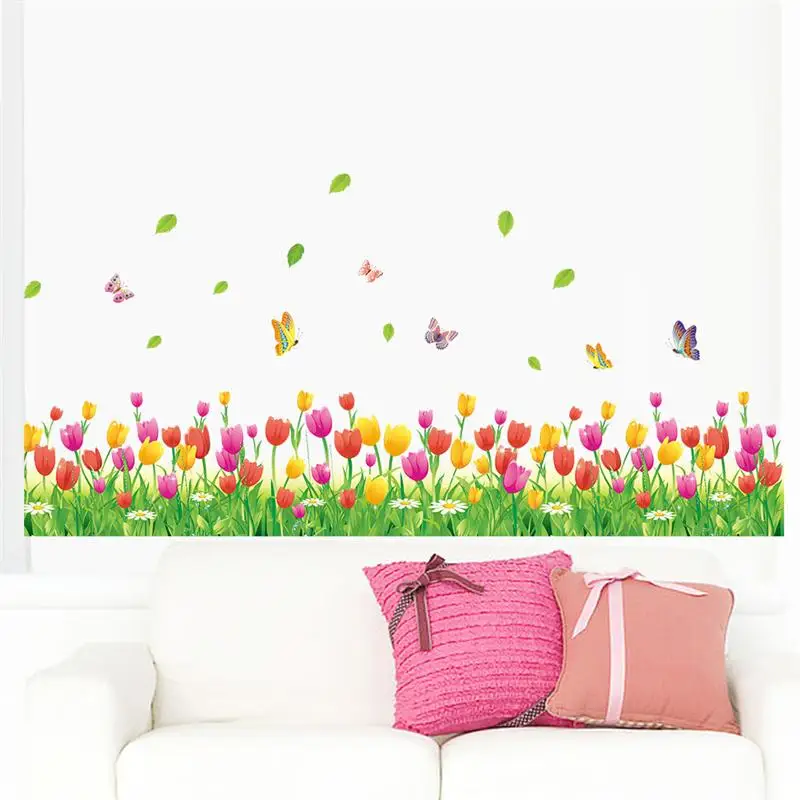 Colorful tulip flowers fences baseboard wall decals home decorative stickers adesivos de paredes living bedroom 3d wall art 053.