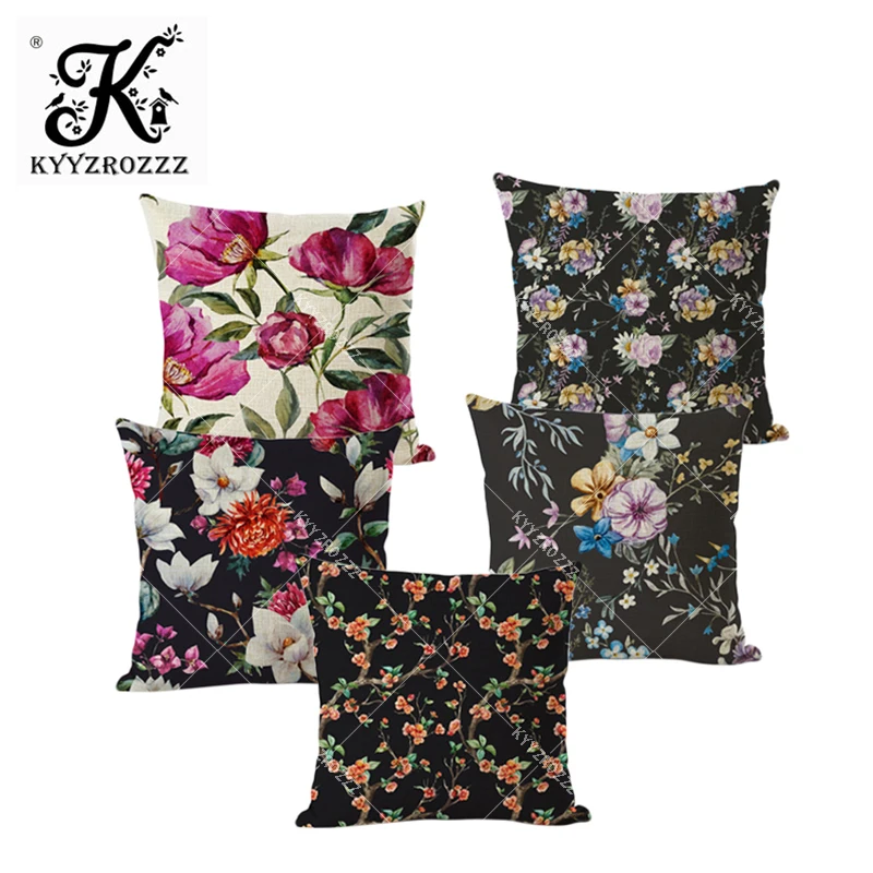 Hot Sale Black Night Vintage Forest Botanical Garden Future Dream Colorful Flowers Leaves Prints Cushion Cover Sofa Throw Pillow