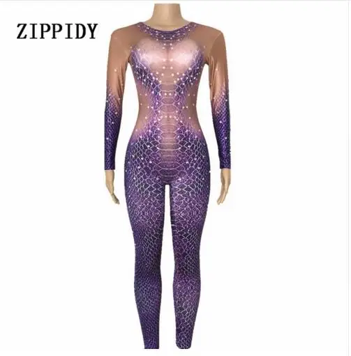 Purple Crystals Printed Snake Jumpsuit Party Stage Wear Sexy Costume Women's Performance Party Celebrate Bodysuit Outfit