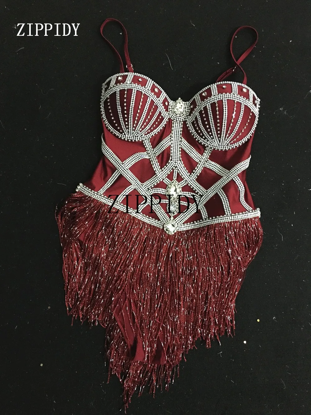 New design Shining Crystals Red Tassels Bodysuit Sparkly Stage Dance Performance Outfit Nightclub  Wear Show Clothes