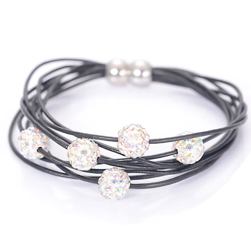 Top Quanlity Crystal Ball Beads Miasol Multilayers Genuine Leather Crystal Charm Pave Ball Magnetic Wrap Bracelet B1306