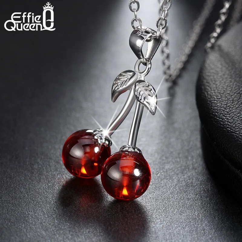 Effie Queen Real 925 Sterling Silver Necklaces with Red CZ Stone Cherry Pendant Fashion Jewelry Statement for Women BN03