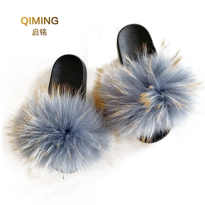 Women Raccoon Fur Slippers Outdoor Furry Slipper Fluffy Indoor House Fashion Summer Color Flip Flops flat shoes Woman Sandals