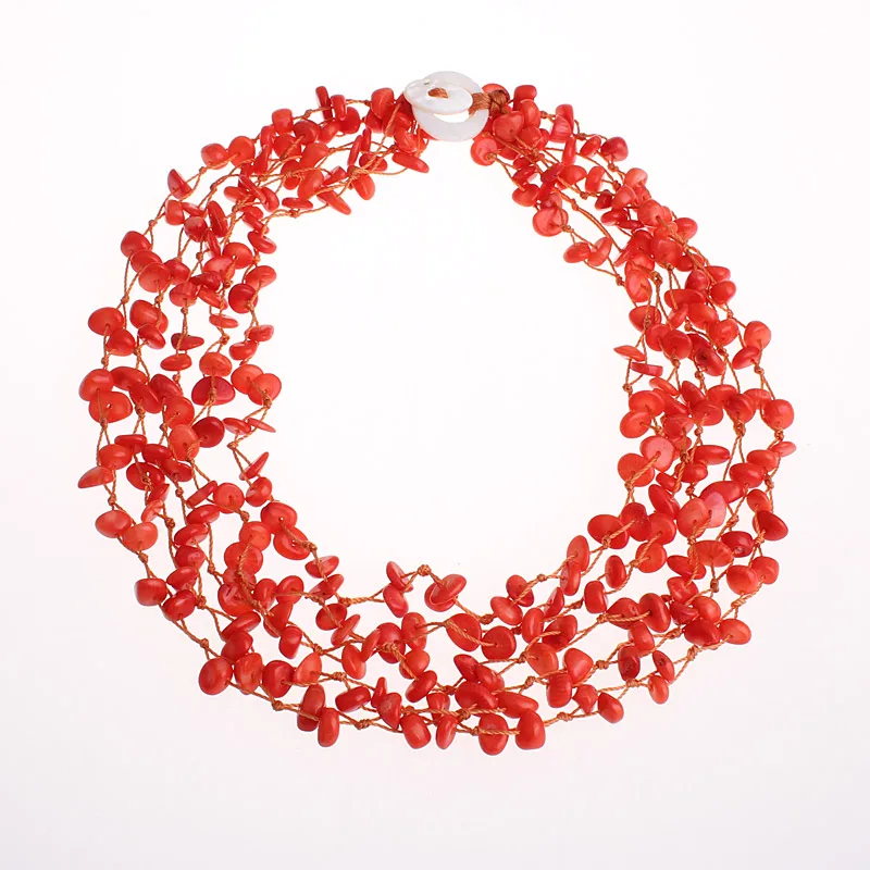 New Handmade Multi-strand Mother of Pearl And Coral Chips Women Bohemia Style Holiday Choker Bib Chunky Beaded Necklaces SBN-002