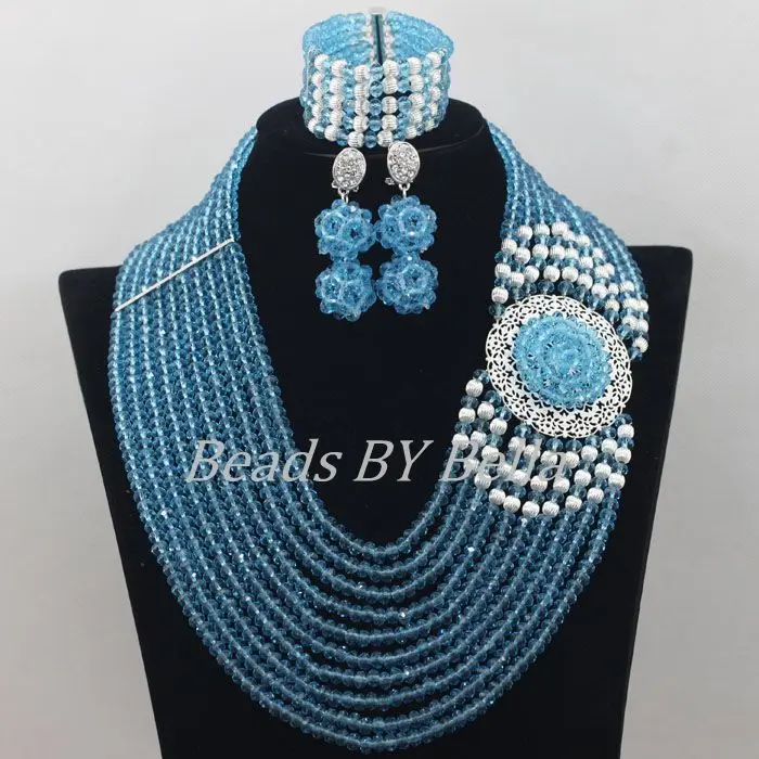 

Hot Sale Bridal Jewelry Sets Sky Blue Crystal Beads Nigerian Wedding African Beads Jewelry Set Necklace New Free Shipping ABF571