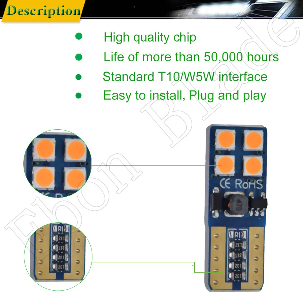 2Pcs T10 W5W 12V LED White Red Amber Blue Ice Blue Green Pink CANBUS Error Free For Car Auto Side Wedge Tail Parking position