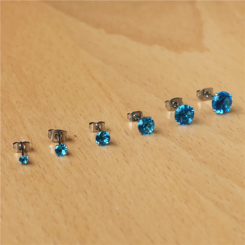 Stainless Steel Stud Earrings With Ocean Blue Zircons Classical Style From 3mm to 8mm No Fade Allergy Free Quality Jewelry