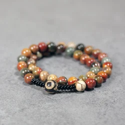 Bohemian 8mm Elastic Bracelet, Natural Flower Agate Three-Eyed Dzi Black Onyx Butterfly Beads Handmade Jewelry