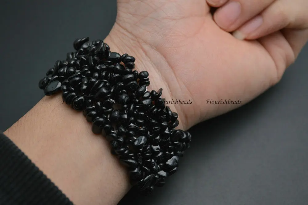 Natural Black Tourmaline Stone Chips Beads 35mm Width Wrapped Bracelets Fashion Party Jewelry Gift