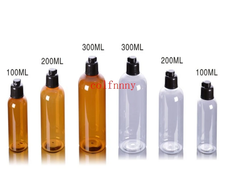 250pcs/lot Fast Shipping 100ml 200ml 300ml Clear/Amber Cosmetic Bottles with Black Flip Top,luxury cosmetic PET plastic bottles