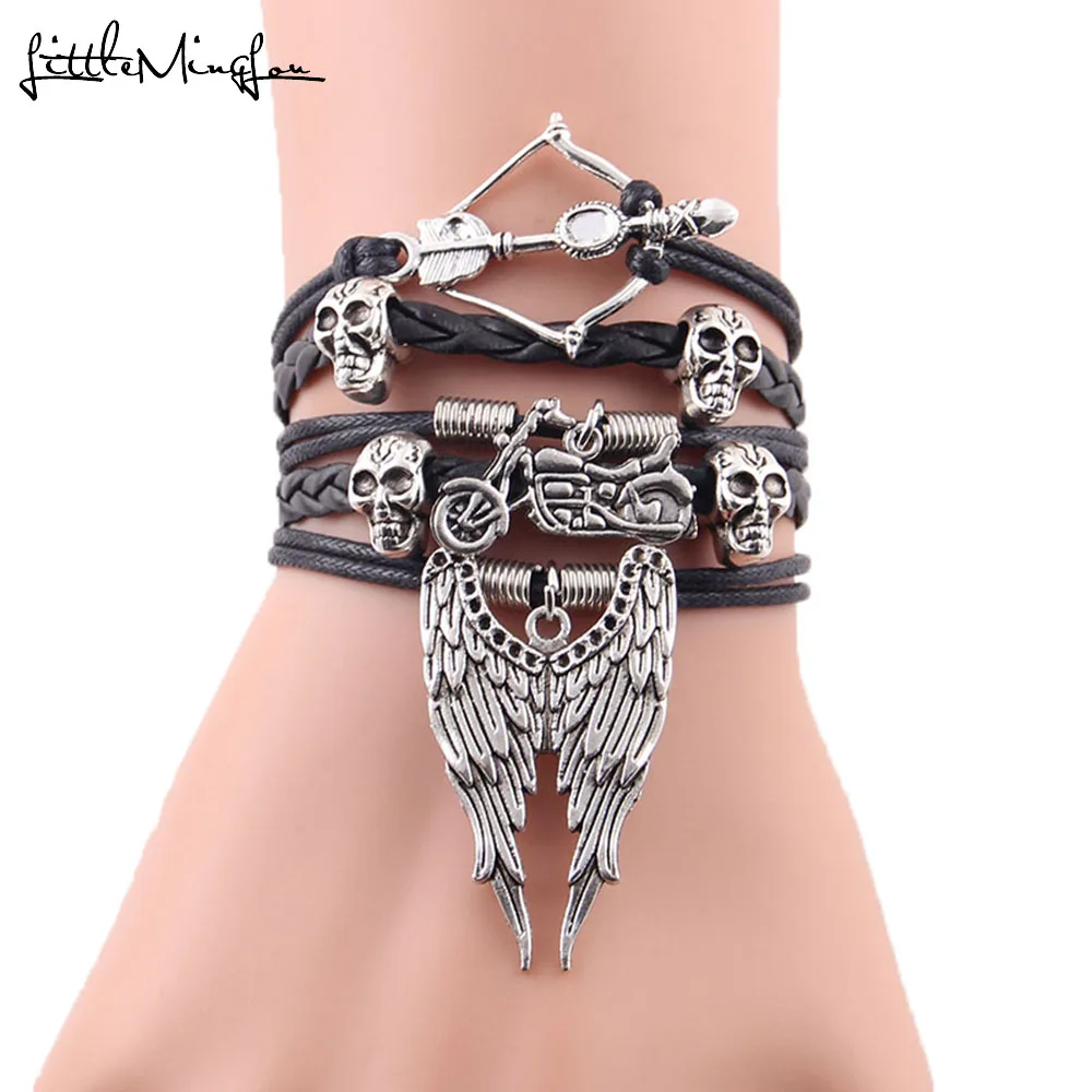 Handmade Punk Men Bracelet Arrow Skull Angel Wing Biker Chick Charms PU Leather Wrap Bracelets & Bangles For Men Women Jewelry