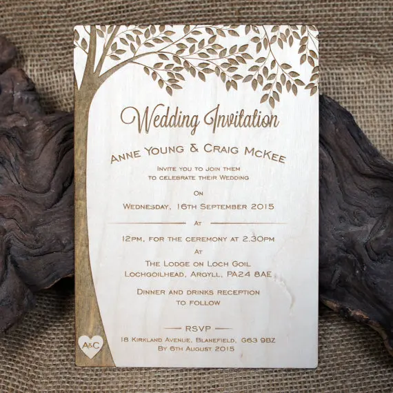 Wooden Engraved Wedding Invitation - Initial Tree