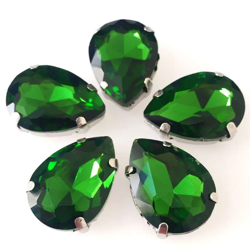 Free shipping! Grass green Pear shape Crystal glass loose rhinestones, silver claw sew on rhinestones