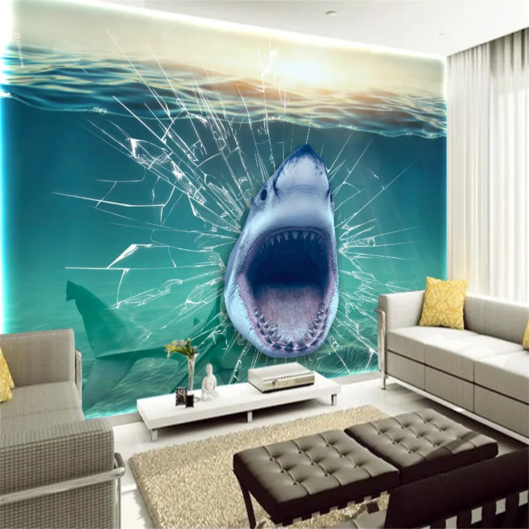 New Printed Underwater Shark Fish Broken Glass Custom Art Canvas View Wallpapers Living Room Wall Home Decorations