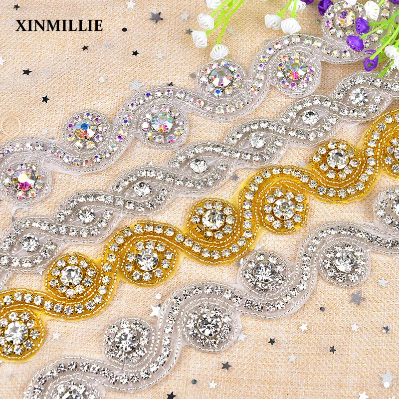 1 Yard Hot Fix Iron on Rhinestone Beads Lace Trim Crystal Flower Bridal Wedding Dress Applique Girdle Sew On Garment Accessories