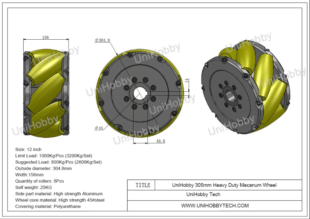 UniHobby 12 inch Mecanum Wheels  UH305 Heavy Duty Industrial Mecanum Wheels 305mm with 8 PU roller Max Load 3200KG(4PCS/SET)