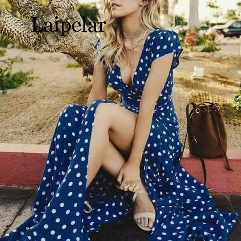 Laipelar Women Dress Boho Polka Dot Summer Beach Long Party V-Neck High Waist Split A Line Maxi Dress Prairie Female