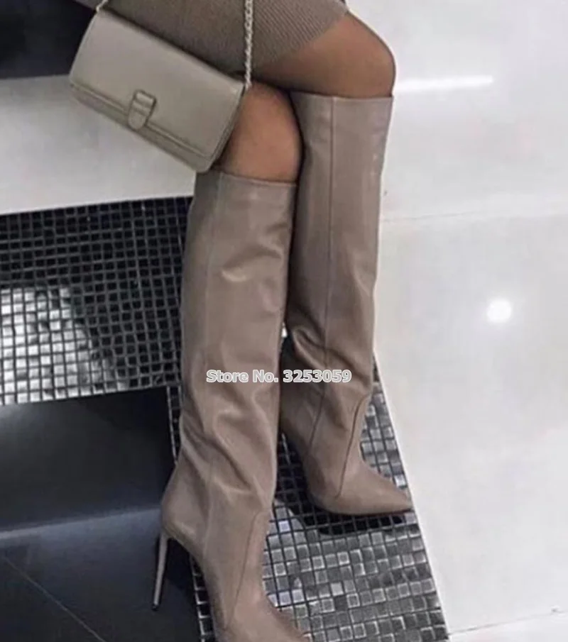 ALMUDENA Women Coffee Leather Stiletto Heels Knee High Boots Pointed Toe Nice Street Dress Shoes Tall Boots Gladiator Long Boot