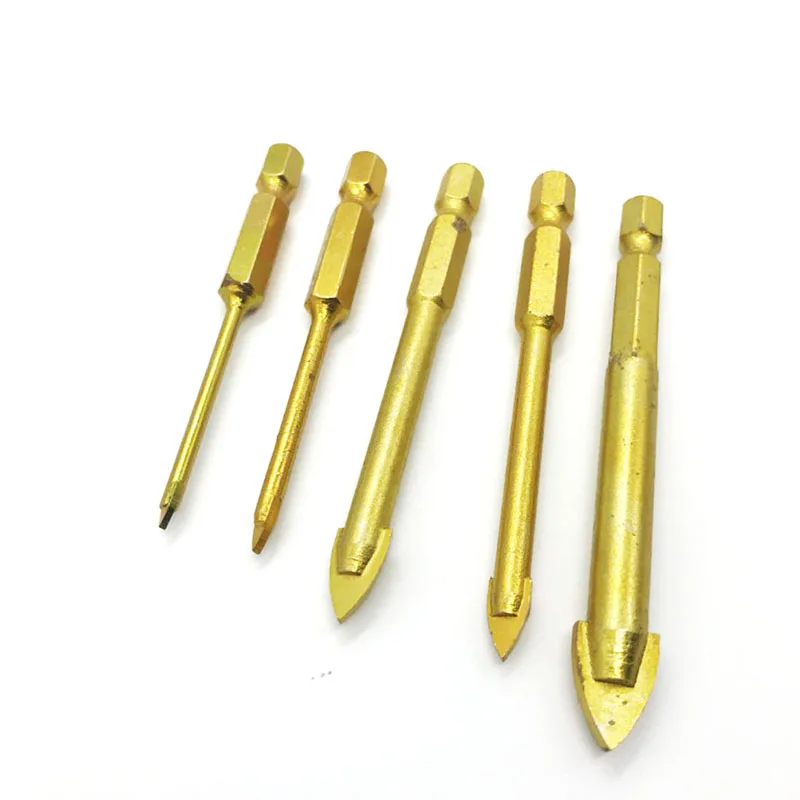 Titanium Coated Hex Glass Tile Drill Bit Set for Wall Carbide Mable Tile Ceramics Glass Granite Spear Point Cross Head