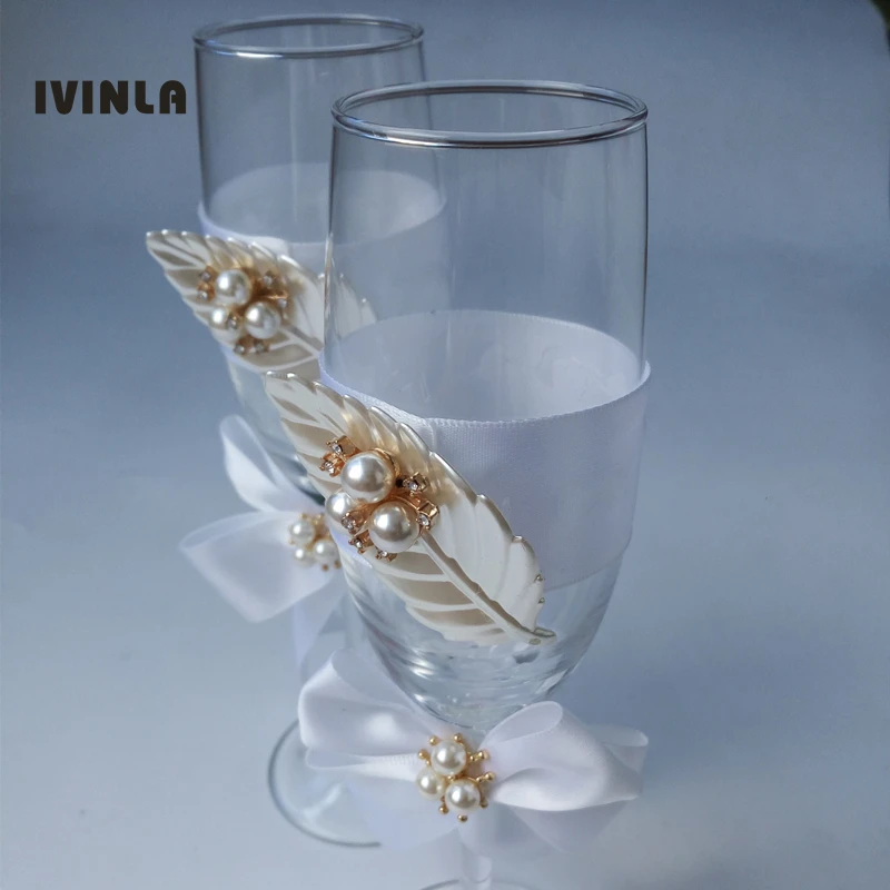 Hot selling 2pcs/lot pearl leaf wedding champagne glasses wedding toasting glasses  gift  for wedding party decoration