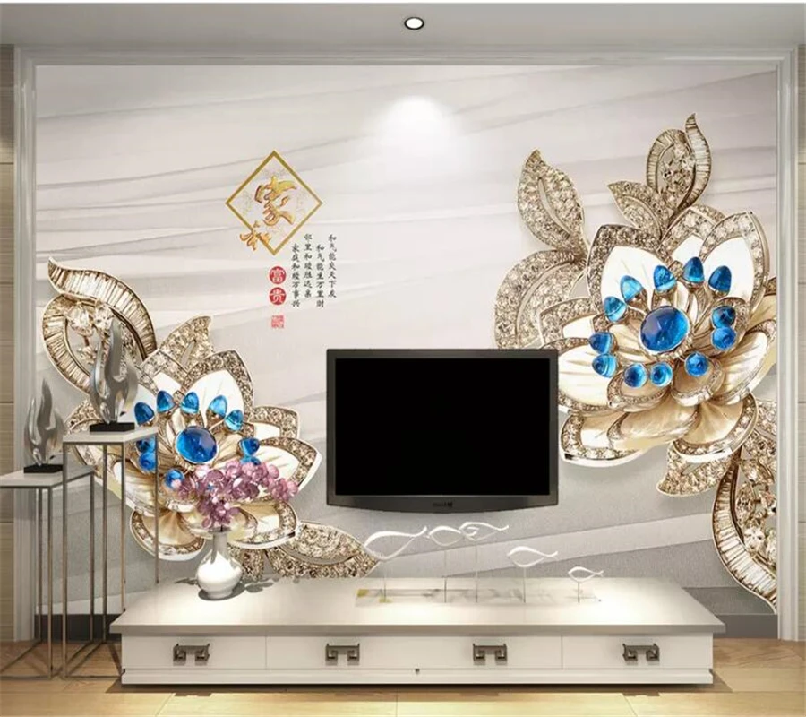 beibehang Custom mural 3d photo wallpaper European beautiful sapphire 3d metal flower jewelry background wall paper 3d murals