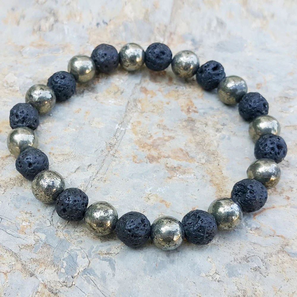 MG0369 New Design Men`Energy Bracelet Natural Pyrite Lava Stone Beaded Bracelet Powerful Encourages Clarity Jewelry