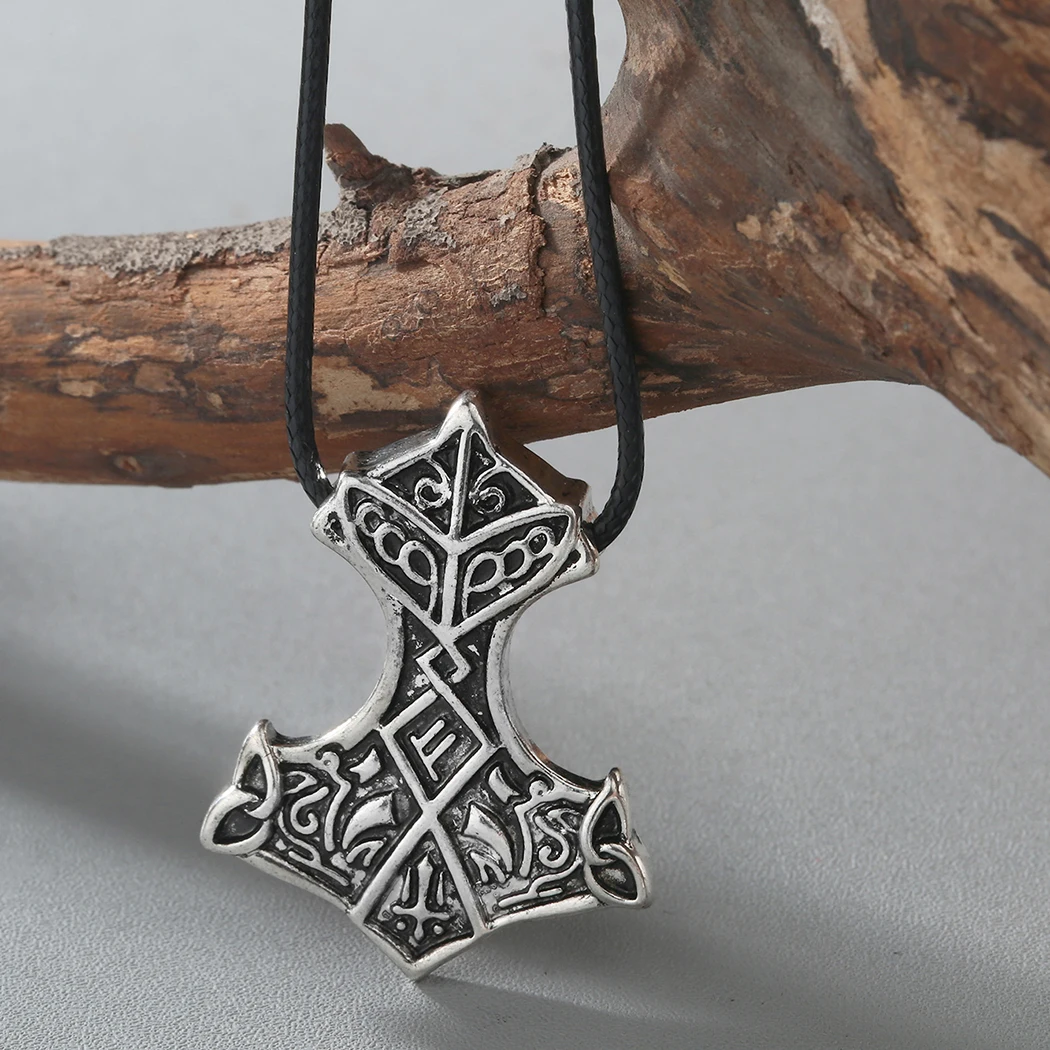 Cxwind Nordic Vikings Amulet Pendant Necklace Legendary Viking Odin\'s Knot Hammer Runes Pendant Necklace Man Talisman Jewelry