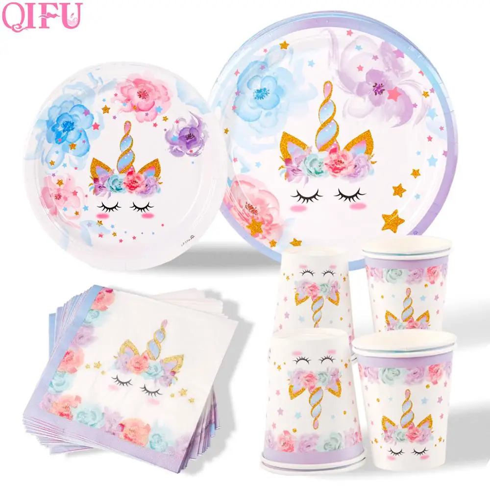 Unicorn Birthday Party Decoration Unicorn Tableware Paper Plates Cups Napkins Toys for Kids 1st Birthday Party Baby Shower Girl