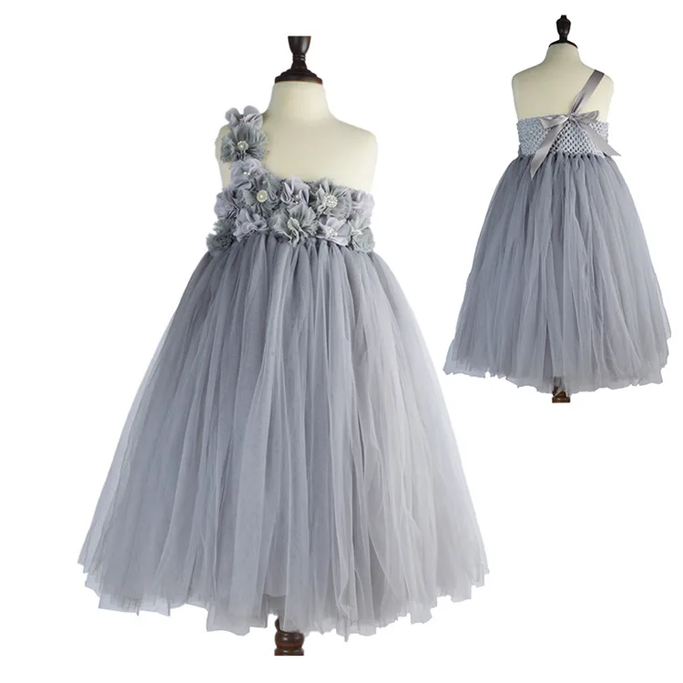 Lovely Girls Grey Chiffon Flowers Tutu Dress Kids Fluffy Tulle Tutus Ball Gown with Single Shoulder Children Wedding Party Dress