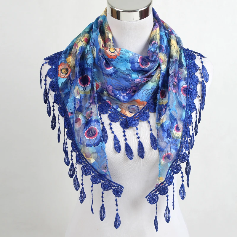 Women Fashion Triangle Scarf Lace Floral Summer Beach Tassel Scarves Chiffon Silk Wrap Pashmina Stole Foulard Hijab SJJ02