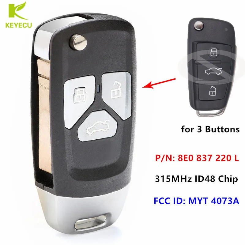 

KEYECU Upgraded Flip Remote key Fob 315MHz With ID48 Chip for Audi A4 S4 2006 2007 2008 2009 2010 P/N: 8E0 837 220 L