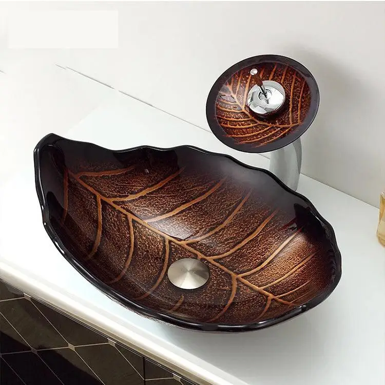 Factory Direct Sales New Glass Washbasin Podium Basin Bathroom Creative Art Basin Hotel Bathroom leaf shape glass sink basin