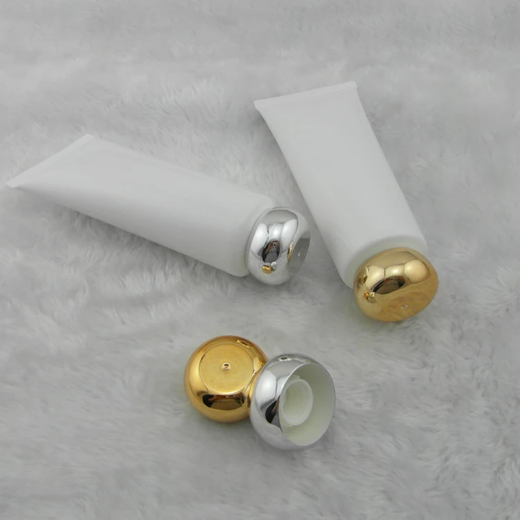 100 ml 50pcs wholesale white soft cream tube with golden silver screw cap  ,100ml  PE plastic cosmetic soft packaging empty