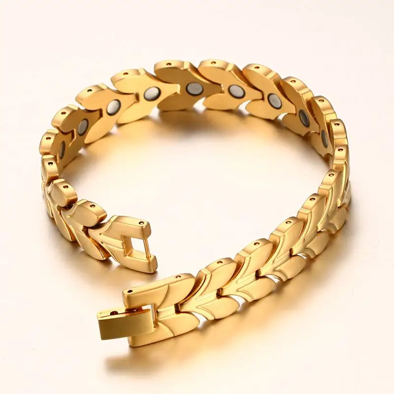 Vinterly Gold-color Magnetic Bracelet Men Stainless Steel Wheat Chain Link Bracelet Health Energy Charm Bracelets for Men Women