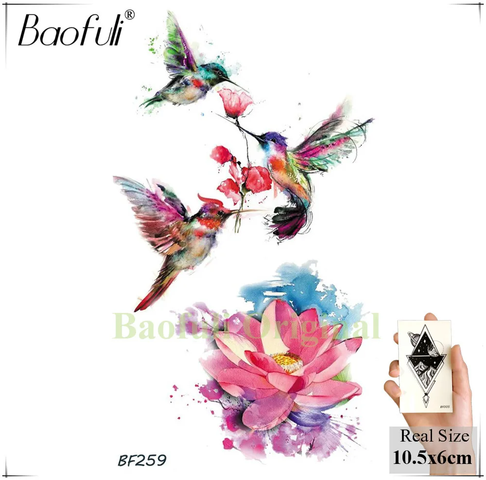 BAOFULI Fly Hummingbird Birds Peony Rose Leaves Temporary Tattoo Sticker Flower Blossom Watercolor Tattoos Bouquet Fake Tatoo