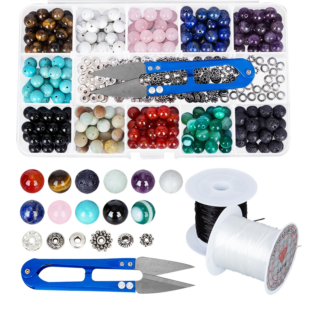 264Pcs 8mm Stone Beads Box Set Kit Bead Bracelet Kit Bulk Black Lava Rock Stone DIY Mixed Color Bracelet Jewelry Making Tool Kit