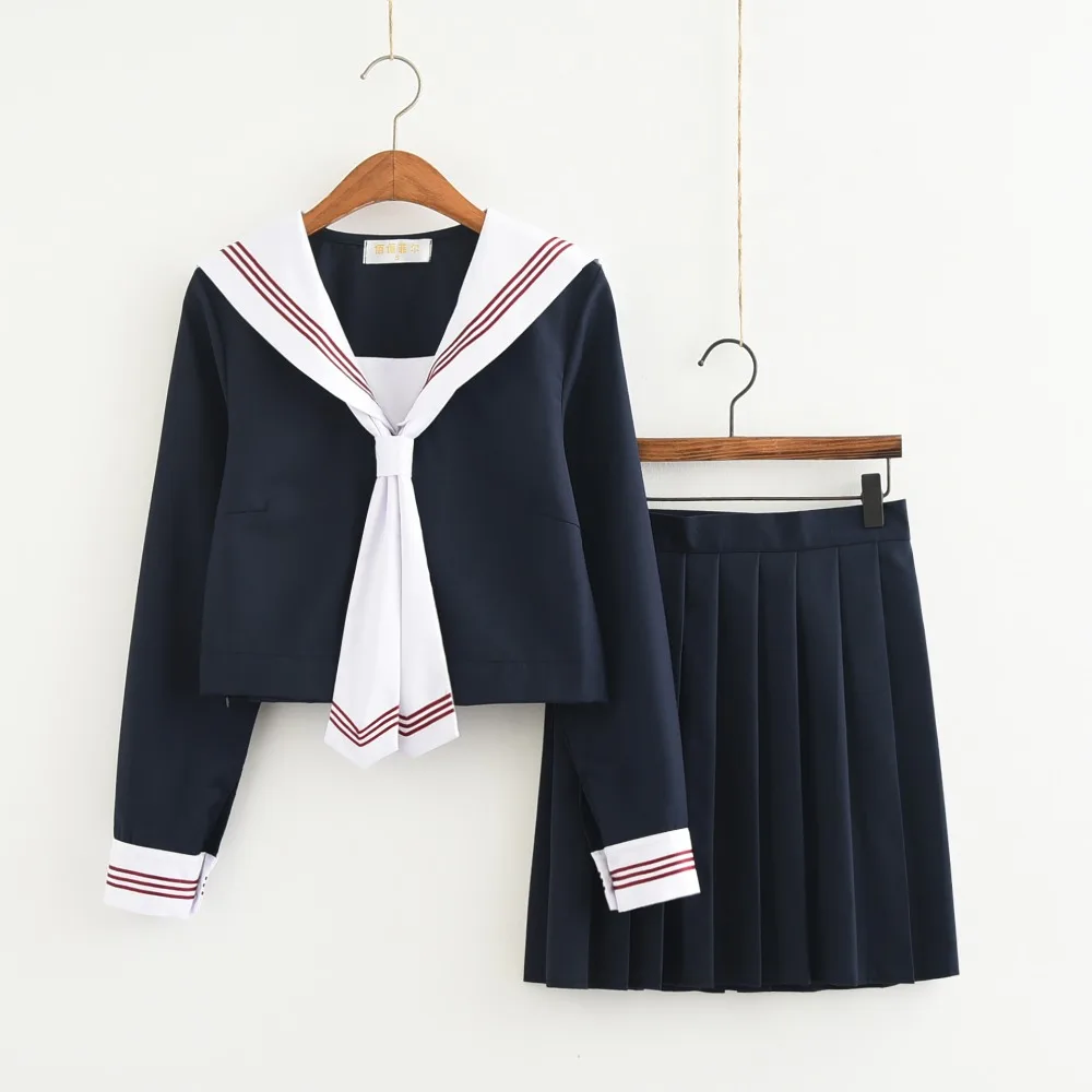 Japanese School Uniforms for Women Korean Navy Sailor Cotton School Uniforms For Girls Pleated Skirt+ Short Sleeve Blouse+Tie