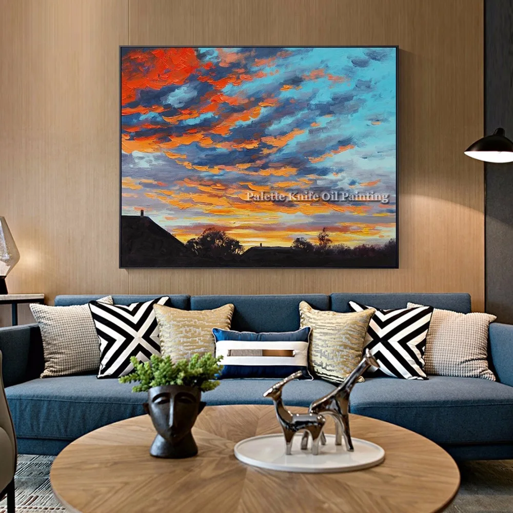 

Blue Sunset Glow Modern Abstract Canvas Oil Painting Hand Painted Wall Decor Art Pictures for Living Room Cuadro Home Decoracion