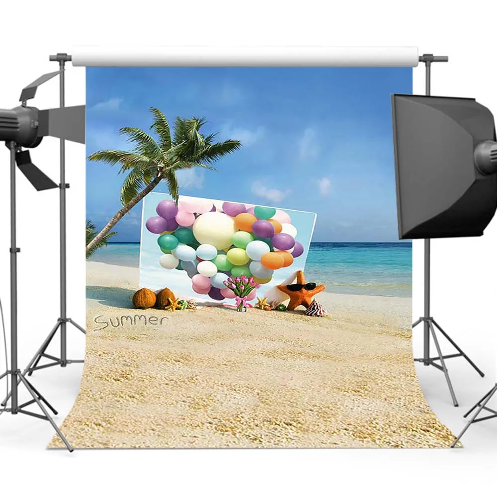  Summer Blue Sky Sea Backdrop Balloon Wall Beach Background Cocount Tree Props palm tree balloons photo studio vinyl