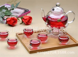 1 glass teapot 600ml+6 double wall tea cups +1 heating base 8pcs/set