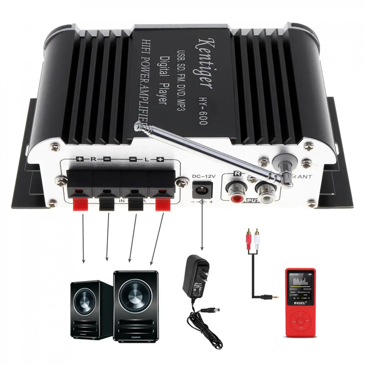 Kentiger HY-600 2CH HI-FI Car Audio Power Amplifier FM Radio USB MP3 Stereo Digital Player Support U disk SD / MMC card