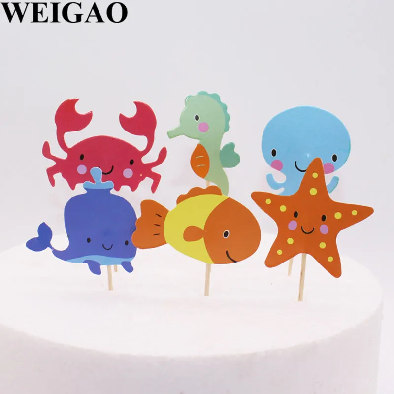 WEIGAO 24Pcs Birthday Cake Toppers Fish Sea Star Crab Shape Cake Flags Baby Shower Mermaid Theme Cake Decoration Party Supplies