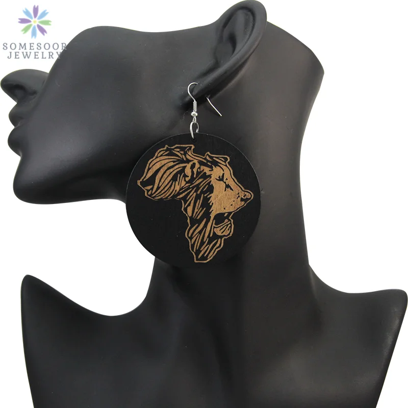 SOMESOOR Afrocentric Ethnic Engraved Wooden Drop Earrings African Lion Map Style Photos Handmade Jewelry For Women Gifts