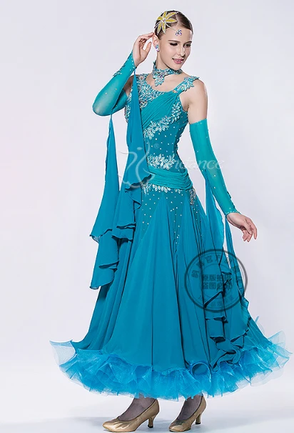 

customize blue Fox trot Quick step Ballroom tango Modern tango Waltz competition Dance Dress long sleeve for black pool