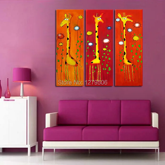 Modern 100% Hand Painted Flower Oil Painting on Canvas Orange Plum Blossom 3-Piece Lovely Giraffes Wall Art for Wall Decor