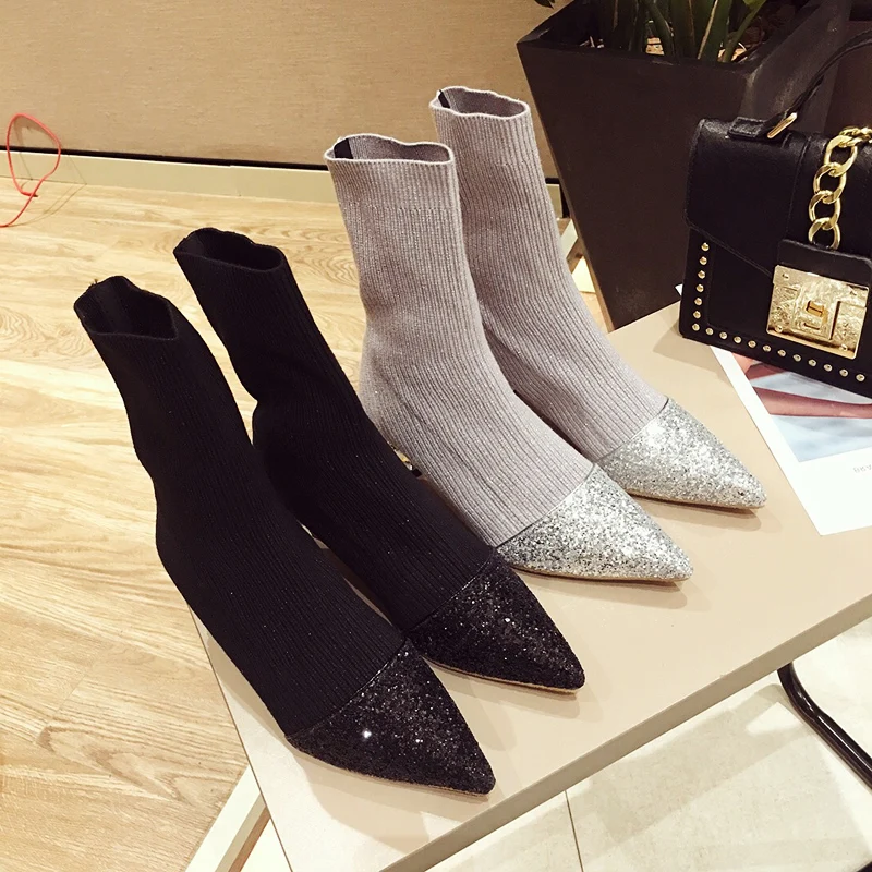 

Shoes Woman Socks Boots Pointed Toe Women Boots Hot Autumn Winter Shoes Thin Heels Botas Mujer Rhinestones Design Ankle Booties