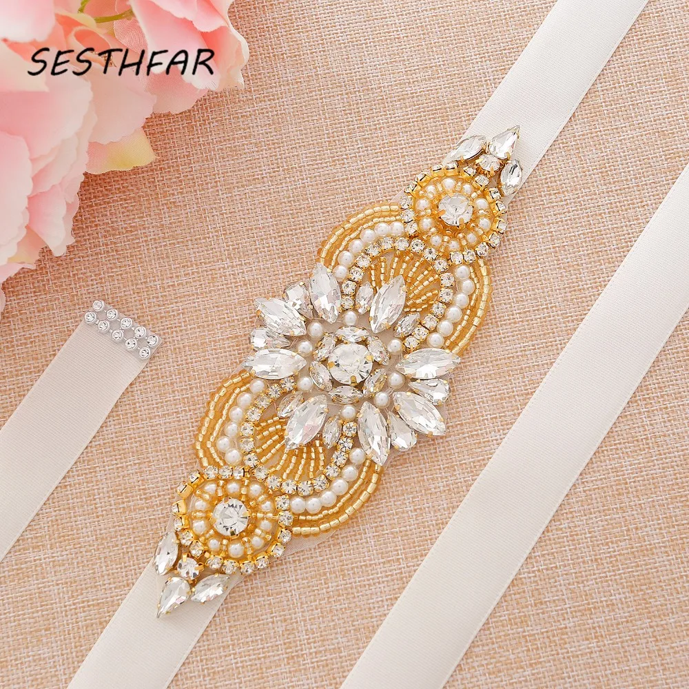 

SESTHFAR Pearls Wedding Belt Crystal Bridal Sash Gold Rhinestones Bridal Dress Belt For Wedding Accessories