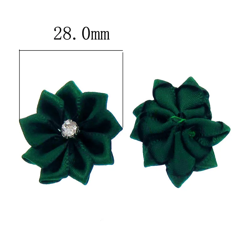 40Pcs Green Small Fabric Satin Flowers with Rhinestone Appliques Sewing Wedding Garment Accessories Flowers 2.8cm