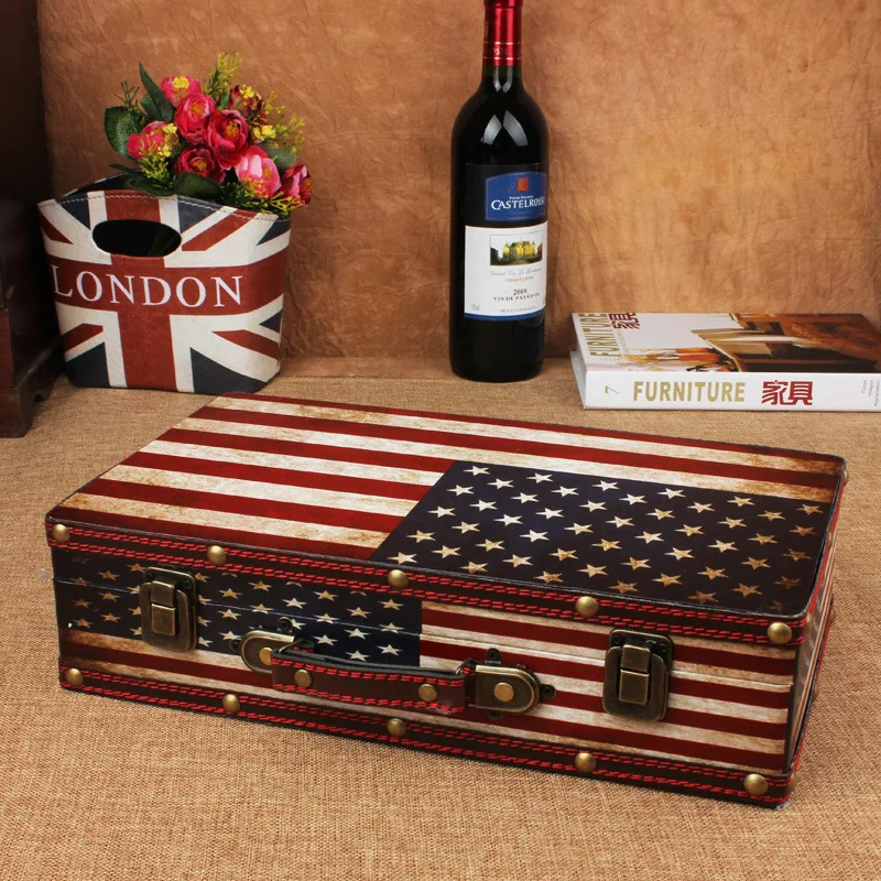 Hot Sale Wooden Suitcase Flag Travel Wooden Storage Box make up organizer Box Photography props treasure chest Home Decoration