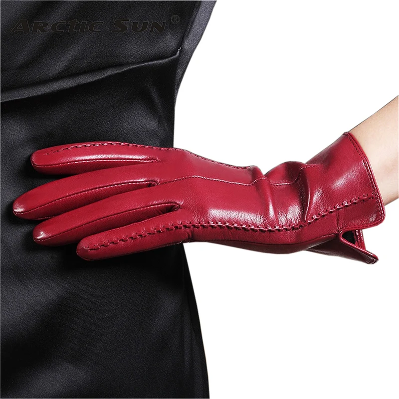 Guantes elegantes de piel de cordero auténtica para mujer, manoplas de terciopelo con pantalla táctil, alta calidad, a la moda, para otoño e